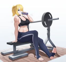 1girl 2024 alternate_costume black_choker black_nails black_pants black_sports_bra blonde_hair borrowed_character bottle breasts choker cleavage coklatarte commentary commission drinking dumbbell english_commentary feet full_body hair_over_one_eye highres indoors large_breasts locket_white_(bakalorin) looking_at_viewer mario_(series) midriff muscular muscular_female nail_polish navel nintendo original pants shy_gal sitting soles sports_bra stirrup_legwear sweat swept_bangs thick_thighs thighs tight_clothes tight_pants toeless_legwear toenail_polish toenails toned toned_female water_bottle white_mask wooden_floor yoga_pants