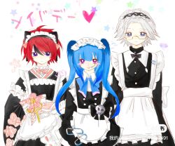 1girl 2boys amemiya_darumi aotsuki_eito apron black_bow black_hair blue_eyes blue_hair blush bow closed_mouth crossdressing hair_between_eyes heart highres long_hair looking_at_viewer maid maid_apron maid_headdress makeup multiple_boys open_mouth red_eyes red_hair runny_makeup simple_background standing sumino_takumi tagme the_hundred_line_-last_defense_academy- twintails white_background white_hair