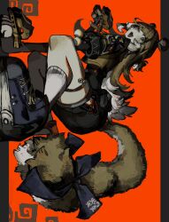 1girl :3 animal_ears arm_support black_gloves black_shorts blue_ribbon blue_shoes blunt_bangs commentary_request elbow_gloves fang fingerless_gloves foreshortening from_side full_body gloves grey_eyes hand_up highres ju_fufu kneehighs long_hair looking_at_viewer looking_back looking_to_the_side meandros mizunako open_mouth orange_hair orange_vest paw_pose ribbon shoes short_shorts short_sleeves shorts sideways smile sneakers socks solo sparkling_eyes squatting tail tail_ornament tail_ribbon thigh_strap tiger_ears tiger_girl tiger_tail vest white_socks zenless_zone_zero