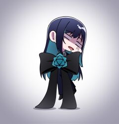 Rule 34 | 1girl, ado (utaite), black bow, black bowtie, black pants, blue hair, bow, bowtie, chando (ado), colored inner hair, commentary request, drooling, empty eyes, gradient background, highres, long hair, mole, mole under eye, multicolored hair, nori (norinori yrl), open mouth, oversized object, pants, radial gradient background, solo, utaite, white background