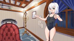 1girl ars_almal belly blue_eyes breasts ceiling chair commission curtains highres indoors knee_up knees_up looking_at_viewer navel night nijisanji one-piece_swimsuit open_mouth room short_hair skirt smile solo standing stone_floor swimsuit thighs virtual_youtuber white_hair window