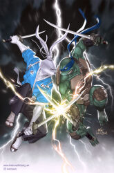2boys animal_ears artist_name colored_skin commentary crossover duel english_commentary full_body furry furry_male green_skin highres holding in-hyuk_lee katana leonardo_(tmnt) looking_at_another male_focus mask miyamoto_usagi multiple_boys ninja official_art rabbit_boy rabbit_ears samurai sparks sword teenage_mutant_ninja_turtles teenage_mutant_ninja_turtles_(2003) turtle usagi_yojimbo weapon western_comics_(style) white_fur