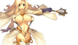 1girl blonde_hair blush bouncing_breasts breasts earrings elf female_focus gloves green_eyes highres huge_breasts jewelry large_breasts long_hair mace midriff navel open_mouth original pointy_ears shiny_skin simple_background slingshot_swimsuit smile solo swimsuit weapon white_background yn_red