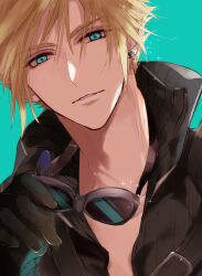 Rule 34 | 1boy, aqua background, belt buckle, black gloves, black shirt, blonde hair, blue eyes, buckle, cloud strife, commentary request, earrings, fenrir (final fantasy), final fantasy, final fantasy vii, final fantasy vii advent children, glint, gloves, highres, holding, holding removed eyewear, jewelry, looking at viewer, male focus, parted lips, popped collar, ribbed shirt, ruka ika, shirt, short hair, single earring, solo, sparkle, spiked hair, unworn eyewear, upper body