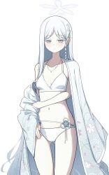 Rule 34 | 1girl, absurdres, bigmt kid, bikini, blue archive, braid, breasts, closed mouth, collarbone, colored eyelashes, commentary, gluteal fold, grey eyes, hair ornament, halo, haori, highres, japanese clothes, jewelry, long hair, looking at viewer, medium breasts, nagusa (blue archive), navel, necklace, open clothes, side braid, simple background, single braid, solo, swimsuit, white bikini, white hair, white halo