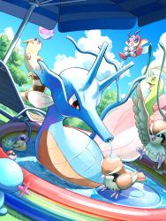 ball beachball bird bright_pupils cloud commentary_request creatures_(company) day furret game_freak gen_1_pokemon gen_2_pokemon grass highres hose kingdra ledian meganium mukiguri nintendo no_humans outdoors pidgey plant playing poke_ball_print pokemon pokemon_(creature) psyduck rubber_duck sky umbrella vines water white_pupils wooper