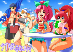 1boy :d absurdres animal_ears animal_hands beach beach_umbrella blush breasts cat_ears cat_tail cleavage closed_mouth earrings highres ilia_silvestri jewelry large_breasts long_hair looking_at_viewer millie_chliette multiple_girls navel open_mouth perisie_(star_ocean) pink_hair ponytail red_eyes ronyx_j._kenny ryoi smile star_ocean star_ocean_anamnesis star_ocean_first_departure sunglasses sunglasses_removed swimsuit tail umbrella