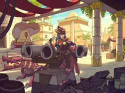 Rule 34 | 1girl, absurdres, ancient egyptian clothes, architecture, armor, blue hair, breasts, cannon, closed mouth, commentary, completionist&#039;s cape, dang (runescape), duellist&#039;s cap (tier 6), dwarf multicannon, english commentary, glowing, glowing eyes, hand up, highres, leaning on object, long hair, looking away, medium breasts, menaphos, outdoors, pyramid (structure), runescape, runescape classic, shade, shuravf, solo, standing, standing on object, thick eyebrows, white trim, wrench, yellow eyes