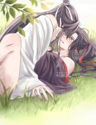 2boys ahoge anal bare_legs bare_shoulders black_hair black_hanfu blurry blurry_foreground blush bottomless boy_on_top chinese_clothes couple eye_contact grass grey_eyes hair_ribbon hand_on_another&#039;s_neck hanfu headband high_ponytail highres implied_sex lan_wangji leaf long_hair looking_at_another lying male_focus missionary modao_zushi multiple_boys off_shoulder on_back open_mouth out-of-frame_censoring outdoors partially_undressed ponytail red_ribbon ribbon robe semiusa1010 sex sidelocks smile sweat topknot twitter_username watermark wei_wuxian white_hanfu white_headband yaoi