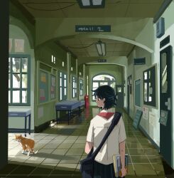 Rule 34 | 1girl, back, black bag, black hair, black skirt, book, cat, closed mouth, door, hallway, highres, holding, holding book, indoors, lan (ngtblan), orange cat, original, scenery, shirt, skirt, solo, upper body, white shirt, window