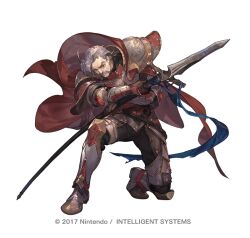 1boy 2017 armor cape commentary_request company_name copyright_notice facial_hair fire_emblem fire_emblem_echoes:_shadows_of_valentia fire_emblem_heroes full_body grey_hair holding holding_polearm holding_weapon male_focus mustache mycen_(fire_emblem) nintendo official_art old old_man on_one_knee polearm simple_background so-taro solo weapon white_background wrinkled_skin