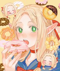 Rule 34 | 1girl, :q, alt text, blonde hair, blue capelet, blush, bow, braid, capelet, chibi, chibi inset, choker, closed eyes, closed mouth, donut, dungeon meshi, eating, elf, food, green eyes, hair ribbon, hair tubes, hand up, highres, holding, holding donut, holding food, hood, hooded capelet, long hair, looking at viewer, low-tied sidelocks, marcille donato, open mouth, parted hair, pointy ears, portrait, print background, red bow, red choker, red ribbon, ribbon, sasakura34, side braid, sidelocks, smile, solo, teeth, tongue, tongue out, upper teeth only, yellow background
