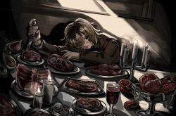 1boy alcohol black_eyes brown_coat brown_hair candle candlestand coat commentary_request cup drinking_glass empty_eyes eyeball food fruit highres hitchhiker_a_(randal&#039;s_friends) holding holding_knife indoors knife looking_at_viewer male_focus pomegranate randal&#039;s_friends raw_meat short_hair solo sunlight table wine wine_glass zakuro_(kdxd87965)