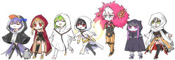 1boy 1other 5girls aqua_eyes barefoot black_bodysuit black_cloak black_hair black_leotard black_thighhighs blonde_hair bodysuit cape capelet cloak commentary_request enkidu_(fate) ereshkigal_(fate) eyeliner fate/grand_order fate_(series) green_eyes green_hair grey_hair highres himeko_(nico6v6pachi) hood hood_up hooded_cape hooded_capelet hooded_cloak hooded_jacket jacket karna_(fate) leotard makeup medusa_(fate) medusa_(lancer)_(fate) meltryllis meltryllis_(fate) meltryllis_(swimsuit_lancer)_(fate) meltryllis_(swimsuit_lancer)_(first_ascension)_(fate) multiple_girls nagao_kagetora_(fate) ortlinde_(fate) penguin_chick prosthesis prosthetic_leg purple_eyes purple_hair red_cape red_eyeliner red_eyes rider robe sidelocks single_thighhigh thighhighs valkyrie_(fate) white_hair white_hood white_robe wide_sleeves