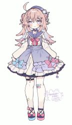Rule 34 | 1girl, ahoge, bandaid, bandaid on knee, bandaid on leg, black shoes, blue choker, blue hat, blue sailor collar, blue skirt, blush, bow, bow choker, bowtie, brown hair, choker, closed mouth, commentary, cross-laced shoes, double bun, fang, fang out, frilled skirt, frills, full body, hair bun, hair ornament, hair ribbon, hashtag-only commentary, hat, highres, hisuiyasai, long hair, long sleeves, looking at viewer, original, purple eyes, red bow, red bowtie, ribbon, sailor collar, shirt, shoes, simple background, skin fang, skirt, smile, solo, standing, straight-on, suspender skirt, suspenders, thigh strap, watermark, white background, white ribbon, white shirt, x hair ornament