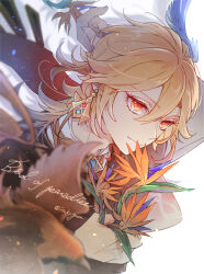 1boy blue_feathers blurry blurry_foreground brown_shirt commentary_request earrings english_text feather_hair_ornament feathers flower genshin_impact hair_ornament hand_up holding holding_flower ituki_gnsn jewelry kaveh_(genshin_impact) looking_at_viewer male_focus orange_flower red_eyes shirt simple_background smile solo twitter_username upper_body white_background