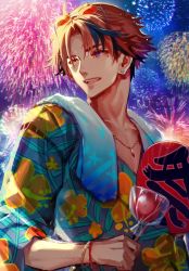 1boy :d ahoge bangle black_hair blurry blurry_background bracelet candy_apple chain chain_necklace clothing_request collarbone commentary_request depth_of_field earrings eyewear_on_head fangs fireworks floral_print food hand_fan heterochromia holding holostars japanese_clothes jewelry looking_ahead male_focus mebaru mole mole_under_eye multicolored_hair necklace night night_sky official_alternate_costume official_art open_mouth orange_eyes orange_hair outdoors paper_fan purple_eyes short_hair sky smile solo stud_earrings sunglasses teeth uchiwa upper_body upper_teeth_only virtual_youtuber yukoku_roberu yukoku_roberu_(2nd_costume)