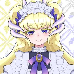 1girl blonde_hair blue_eyes close-up closed_mouth dragon_girl dragon_horns horns lattice_dragonmaid long_hair maid maid_headdress simple_background smile solo white_background yata_masahara yu-gi-oh!