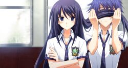 1boy 1girl :&lt; :o annoyed aoi_sena blurry blurry_background blush breast_pocket buttons chaos;head chaos;head_love_chu_chu! clenched_teeth collarbone collared_shirt crossed_arms drooling embarrassed facing_viewer fingernails game_cg hair_lift hair_over_eyes highres holding_another&#039;s_hair indoors long_hair long_sidelocks looking_at_another loose_necktie matsuo_yukihiro messy_hair molestation mouth_drool necktie nervous_sweating nishijou_takumi non-web_source official_art open_collar open_mouth pervert pink_lips plaid_clothes plaid_necktie plaid_sleeves pocket purple_eyes purple_hair purple_necktie purple_sleeves saliva school_emblem school_uniform shiny_eyes shirt short_hair short_sleeves sidelocks sitting smelling smelling_hair streetcar suimei_academy suimei_school_uniform suimei_summer_uniform sweat sweatdrop teeth triangle_mouth white_shirt window