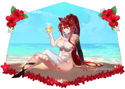 Rule 34 | 1girl, ahoge, alternate costume, alternate hairstyle, arm support, asymmetrical legwear, beach, bikini, black shoes, blue sky, border, breasts, chocojax, clear sky, cup, elizabeth rose bloodflame, fire on chest, floral border, highres, holding, holding cup, hololive, hololive english, huge ahoge, large breasts, long hair, navel, open mouth, red eyes, red hair, shoes, single thighhigh, sky, sparkle, swimsuit, thighhighs, twitter username, virtual youtuber, white bikini, white border
