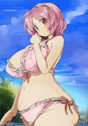 Rule 34 | 1girl, blush, bra, breasts, cleavage, day, female focus, frilled hairband, frills, hairband, hand to own mouth, huge breasts, large breasts, lingerie, looking at viewer, navel, oomune mune, panties, pink bra, pink hair, pink panties, plump, red eyes, shakunetsu no takkyuu musume, short hair, sky, solo, underwear, yohane