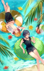 1boy 1girl afloat ball barefoot beach beachball black_hair black_male_swimwear black_shirt black_shorts black_swim_trunks blonde_hair blue_eyes breasts closed_eyes crossed_legs feet_out_of_frame floating floating_object flower food frilled_sleeves frills from_above full_body green_innertube hair_between_eyes hibiscus highres holding holding_food holding_ice_cream hood hoodie ice_cream innertube kingdom_hearts looking_at_viewer male_swimwear medium_breasts ocean palm_tree parted_lips reclining red_flower roxas sand shirt short_hair short_sleeves shorts spiked_hair summer swim_ring swim_trunks swimsuit tree white_hoodie wosinnk xion_(kingdom_hearts) yellow_flower