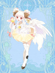 1girl :d bell blue_background bow brown_horns curled_horns dairoku_ryouhei double_bun full_body hair_bun hooves horns ice_cream_cone lily_vogel long_hair looking_at_viewer oooita open_mouth red_eyes skirt smile solo standing tail twintails white_bow white_wings wings yellow_skirt