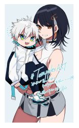 1boy 1girl aged_down black_hair black_pants blue_eyes blue_hair breasts cleavage cleavage_cutout clothing_cutout colored_inner_hair commentary crop_top fang grey_hair grey_skirt highres indie_virtual_youtuber jacket lifting_person looking_at_viewer multicolored_hair open_mouth orange_eyes pants reignite reverse_princess_carry shirasu_(mashiro_(rikuya)) shirasu_uni skin_fang skirt smile sweatpants tempplex translation_request v-shaped_eyebrows virtual_youtuber white_hair white_jacket