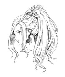 1girl akitaka_(s_asai) bare_shoulders chrono_trigger collarbone earrings greyscale jewelry long_hair monochrome ponytail schala_zeal simple_background solo white_background