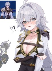 1girl 2boys ? ?? @_@ absurdres aqua_eyes arm_under_breasts armor black_cloak breasts cleavage cloak coat collared_coat commentary english_commentary flame_reaver_of_the_deepest_dark game_screenshot_inset genderswap genderswap_(mtf) grey_hair hair_between_eyes hair_intakes highres honkai:_star_rail honkai_(series) hood hood_up hooded_cloak large_breasts long_hair long_sleeves looking_at_viewer lygus_(honkai:_star_rail) multiple_boys neck_tattoo nervous_sweating open_mouth pauldrons phainon_(honkai:_star_rail) reference_inset robot serafhin shoulder_armor simple_background single_pauldron solo_focus sweat sweatdrop tattoo twitter_username upper_body very_long_hair wavy_mouth white_background white_coat