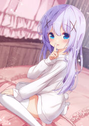 1girl blue_eyes blue_hair blush chinomaron finger_to_mouth gochuumon_wa_usagi_desu_ka? hair_between_eyes hair_ornament heart heart-shaped_pupils highres index_finger_raised indoors kafuu_chino long_hair long_sleeves looking_at_viewer open_mouth pajamas smile solo symbol-shaped_pupils thighhighs white_pajamas white_thighhighs x_hair_ornament