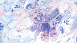 1girl animal_ears artist_logo artist_name beret blue_butterfly blue_flower blue_hat blue_jacket blue_sailor_collar blue_shoes blue_skirt bug butterfly cat_ears cat_girl commission feathered_wings flower frilled_thigh_strap frills hair_flower hair_ornament hairclip hat highres insect jacket logo long_hair long_sleeves looking_at_viewer original pleated_skirt sailor_collar shirt shoes skirt solo thigh_strap thighhighs umehara_sei watermark white_hair white_shirt white_thighhighs white_wings wings