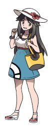1girl adapted_costume aged_up alternate_costume bag bracelet carless_(ppanic) clenched_hand dress flower hat hat_flower hat_ribbon high_heels highres holding_strap jewelry leaf_(pokemon) long_hair low_block_heels medium_dress nintendo official_style pokemon pokemon_frlg pokemon_sm redesign ribbon shoulder_bag smile solo standing sugimori_ken_(style) sun_hat sundress transparent_background two-tone_dress white_ankleband yellow_bag