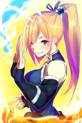 1girl avatar_legends blonde_hair clenched_hands cosplay deviantart_username fire gemmaqw highres kawakami_mai korra korra_(cosplay) martial_arts musaigen_no_phantom_world ponytail purple_eyes raised_fist smirk the_legend_of_korra water wind yellow_background