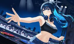 1girl absurdres aqua_hair armpits bare_shoulders black_camisole blue_archive blue_eyes blue_hair breasts camisole cityscape cleavage colored_inner_hair concert crop_top denim denim_shorts dj dripping halo hand_up headphones headphones_around_neck highleg highres large_breasts lewd_chan long_hair looking_at_another mixing_console multicolored_hair navel night night_sky ponytail saori_(blue_archive) shorts sky spotlight sweat sweatdrop