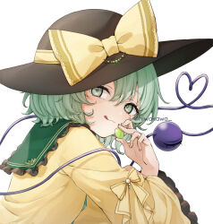 1girl :q black_hat blush closed_mouth commentary_request food frilled_sleeves frills fruit grapes green_eyes green_hair hair_between_eyes hat hat_ribbon heart heart_of_string hiwokawa holding holding_food koishi_day komeiji_koishi licking_lips long_sleeves looking_at_viewer ribbon shirt short_hair simple_background smile solo third_eye tongue tongue_out touhou tsurime twitter_username white_background wide_sleeves yellow_ribbon yellow_shirt