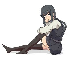 Rule 34 | 1girl, absurdres, asashio (kancolle), asashio kai ni (kancolle), belt, black hair, black thighhighs, blue eyes, blush, dress, head rest, highres, kantai collection, long hair, long sleeves, looking at viewer, neck ribbon, no shoes, pinafore dress, red ribbon, ribbon, rockborder, shirt, simple background, sitting, sleeveless, sleeveless dress, smile, solo, thighhighs, white background, white shirt
