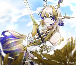 1girl absurdres arknights bare_shoulders bead_necklace beads blonde_hair breasts brooch closed_mouth collarbone dragon_girl dragon_horns earrings eastern_dragon_horns green_eyes hair_between_eyes hair_ornament highres holding holding_sword holding_weapon horns jewelry long_hair long_sleeves looking_at_viewer medium_breasts necklace pointy_ears rice_paddy shirt shu_(arknights) smile solo strapless sword tassel tassel_earrings terazi weapon