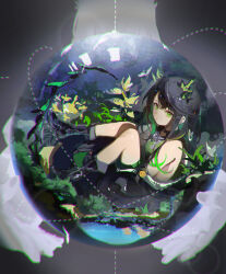2girls absurdres arknights bare_shoulders black_boots black_hair black_jacket boots closed_mouth dress green_dress green_eyes green_hair hair_between_eyes highres jacket jiuxiaoshi kal&#039;tsit_(arknights) long_sleeves looking_at_viewer mon3tr_(arknights) multicolored_hair multiple_girls off_shoulder orb sleeveless sleeveless_dress sleeves_past_fingers sleeves_past_wrists solo_focus two-tone_hair wet wet_hair