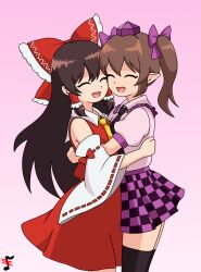 Rule 34 | 2girls, ascot, black necktie, black thighhighs, bow, brown hair, checkered clothes, checkered skirt, closed eyes, collared shirt, commentary, commission, couple, detached sleeves, english commentary, frilled bow, frilled hair tubes, frilled shirt collar, frills, gradient background, hair bow, hair tubes, hakurei reimu, hat, highres, himekaidou hatate, hug, long hair, multiple girls, necktie, open mouth, pink background, pointy ears, purple hat, red bow, red skirt, ribbon-trimmed sleeves, ribbon trim, shirt, short sleeves, skirt, skirt set, smile, thighhighs, tokin hat, touhou, tremolo measure, twintails, very long hair, yellow ascot, yuri