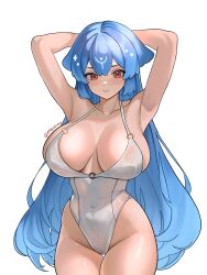 Rule 34 | 1girl, armpits, bao (vtuber), blue hair, blush, breasts, closed mouth, commentary, covered navel, cowboy shot, english commentary, groin, hair between eyes, hands up, highres, huge breasts, indie virtual youtuber, long hair, looking at viewer, nekoirischu, one-piece swimsuit, red eyes, simple background, skin tight, solo, spaghetti strap, swimsuit, thighs, very long hair, virtual youtuber, white background, white one-piece swimsuit