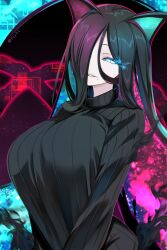Rule 34 | 1girl, abstract background, absurdres, animal ears, black fire, black hair, black sweater, blue eyes, colored inner hair, dark phoenix (mon-musu quest!), fire, glowing, glowing eye, glowing hair, hair over one eye, highres, light smile, long hair, mole, mole under mouth, mon-musu quest!, mon-musu quest: paradox, multicolored hair, shiki (psychedelic g2), space, sweater, teeth, turtleneck, turtleneck sweater, very long hair
