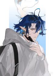 Rule 34 | 1boy, absurdres, arknights, blue hair, bright pupils, drawstring, earrings, grey hoodie, hair between eyes, highres, hood, hood down, hoodie, jewelry, long sleeves, looking at viewer, lumen (arknights), male focus, mask, mask pull, mouth mask, parted lips, pointy ears, short hair, solo, somnolence (hranxy), upper body, watermark, white pupils, xiaohongshu watermark, yellow eyes