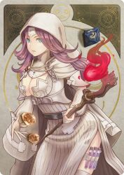 1girl absurdres belt blue_eyes breasts cape cleavage_cutout clothing_cutout d10_(die) dice dress emil_(nier) fire highres kaeru_(csit24) large_breasts long_hair parted_lips pentagonal_trapezohedron polyhedral_dice purple_hair solo thigh_strap veil vial voice_of_cards:_the_isle_dragon_roars white_cape white_dress white_veil wynifred_(voice_of_cards) yellow_gemstone