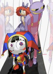 1boy 2girls animal_ears artist_name black_eyes black_hair blue_bow blue_dress blue_footwear blue_gloves blush_stickers bow button_eyes buttons colored_sclera colored_skin dress from_above full-length_mirror gloves hair_bow hallway hat highres jax_(the_amazing_digital_circus) leaning_forward looking_at_mirror mirror multicolored_eyes multiple_girls one-eyed open_mouth overalls patchwork_clothes pomni_(the_amazing_digital_circus) puffy_short_sleeves puffy_sleeves purple_fur rabbit_boy rabbit_ears rabbit_paws ragatha_(the_amazing_digital_circus) red_footwear red_gloves red_hair red_overalls short_sleeves sidelocks smirk sonokare teeth the_amazing_digital_circus two-tone_bodysuit two-tone_eyes two-tone_hat upper_teeth_only walking white_skin yellow_sclera yellow_teeth