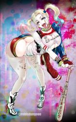Rule 34 | 1girl, ass, boots, dc comics, female focus, fishnets, gyaru, harley quinn, highres, huge ass, looking at viewer, rebis, short shorts, shorts, solo, warner bros.