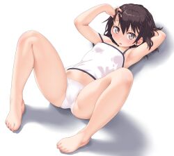Rule 34 | 1girl, arms up, bare arms, bare legs, barefoot, blush, breasts, brown eyes, brown hair, cameltoe, camisole, commentary request, dd (ijigendd), feet, hand in own hair, highres, looking at viewer, lying, navel, on back, open mouth, original, panties, shadow, short hair, simple background, small breasts, solo, thighs, toes, underwear, white background, white camisole, white panties