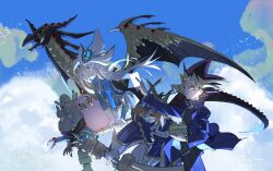 1girl 2boys artist_name black_shirt blonde_hair blue_jacket blue_pants colored_skin duel_monster gandora-g_the_dragon_of_destruction gandora_the_dragon_of_destruction gloves gold_sarcophagus green_skin grey_hair hat highres holding holding_staff holding_sword holding_weapon jacket long_hair marshmallon moremarshmallon multicolored_hair multiple_boys muto_yugi pants pink_skin purple_eyes shirt silent_magician silent_magician_zero silent_swordsman silent_swordsman_zero staff stronghold_the_hidden_fortress sword weapon white_gloves white_hat wings wizard_hat yu-gi-oh! yuthie
