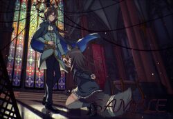 Rule 34 | 1boy, 1girl, ahoge, animal ears, arm behind back, ascot, bandaged tail, black pants, black shoes, blue tunic, brown tail, cable, capelet, cathedral, chandelier, church, clenched hand, dappled sunlight, dress, drop shadow, english text, evening, facing another, fox ears, fox girl, fox tail, frilled dress, frills, grey capelet, grey dress, grey socks, holding hands, indoors, kiss, kissing hand, kneeling, kotomeiro, leg tattoo, light particles, long hair, looking at another, looking down, on one knee, orange eyes, original, pants, reflective floor, shoes, side ponytail, socks, stained glass, sunlight, tail, tattoo, tunic, white ascot, yellow eyes