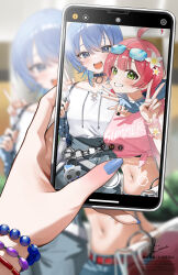 3girls ahoge belt blue-tinted_eyewear blue_choker blue_eyes blue_hair blue_nails blue_pants blue_sleeves blush bracelet breasts cellphone cellphone_photo choker day female_pov fingernails flower green_eyes grin hair_flower hair_ornament highres holding holding_phone hololive hoshimachi_suisei jewelry kito_koruta koruta_(nekoimo) medium_hair midriff miteiru_(shirakami_fubuki) multiple_girls nail_polish navel open_mouth outdoors pants phone pink_hair pink_nails pink_shirt pov pov_hands red_belt ribbed_sleeves sakura_miko shirt signature smartphone smile star_(symbol) star_in_eye stomach symbol_in_eye taking_picture teeth tied_shirt tinted_eyewear v viewfinder virtual_youtuber w white_flower